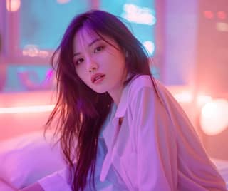 Personne portant un chemise rose assise sur un lit.