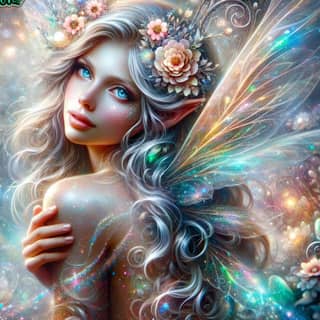 La fée est entourée de fleurs et d'étoiles.