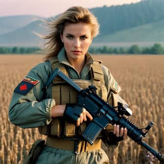 Mujer en uniforme militar sosteniendo un rifle M16.