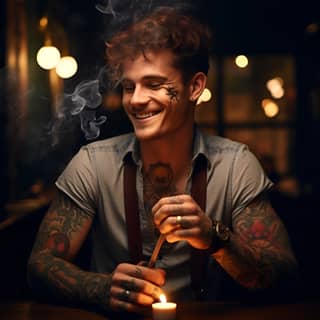 Un mago di 25 anni con un grande sorriso, corti riccioli castani, occhi blu lucenti, tatuaggi sul collo, un anello su ogni dito e un orecchio mancante fuma un sigaro.