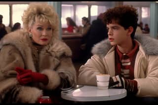 980s comedy DVD screencap two glamorous middle-aged women Christina Applegate aged fifty full body wearing a beige fur coat
