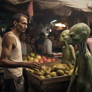 Alien buying vegetables at a market in Mumbai the image will be very real almost should feel like a HD photograph