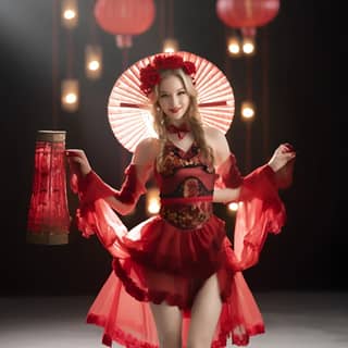 Una hermosa chica estadounidense en un vestido rojo tradicional bailando con linternas.