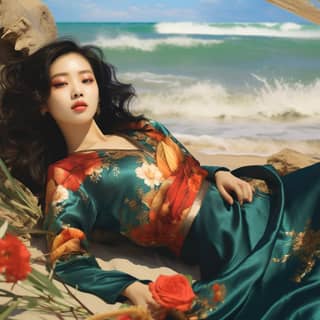 Asian beauty lying on the beach by the sea, in a green dress laying on the beach