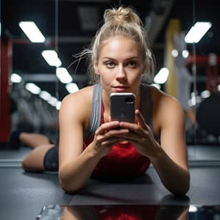 Blonde Woman takes a mirror selfie in the gym woman is perspiring woman has some red blemishes on her face woman's face has