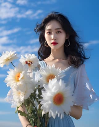 Chinese girl in a dreamy flower layers outdoors bright light blue sky beautiful weather morning light soft light realistic