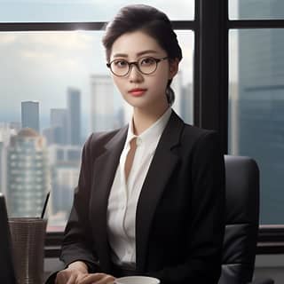 Female formal wearing glasses window view serious Career elite clean and tidy black suit professional dress positive black