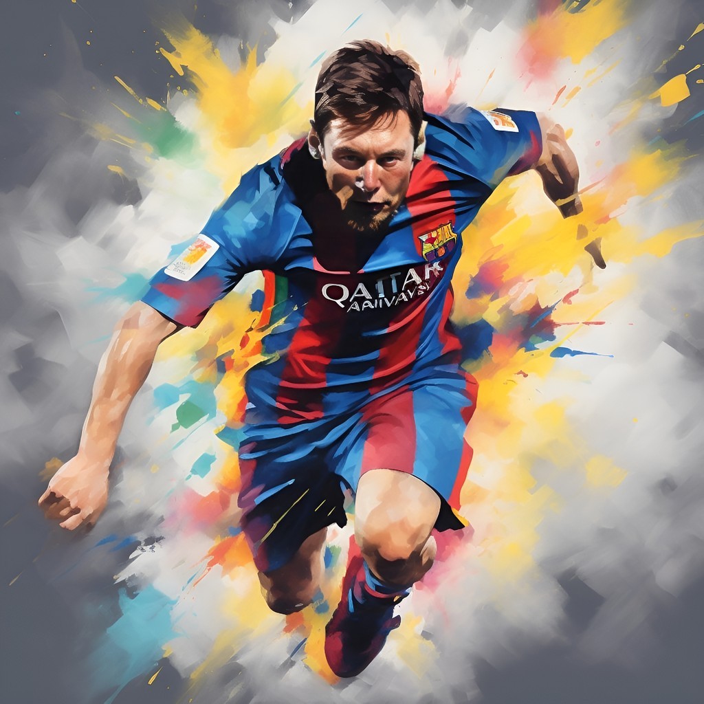 Lionel Messi in Barcelona football kit doing a keepie-uppie dynamic posture vibrant colors action-focused composition