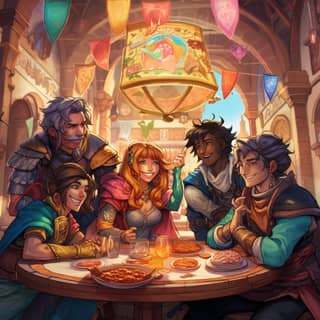 The vibrant artwork features five friends preparing for an exciting and magical game of Dungeons & Dragons in a pizzeria Two