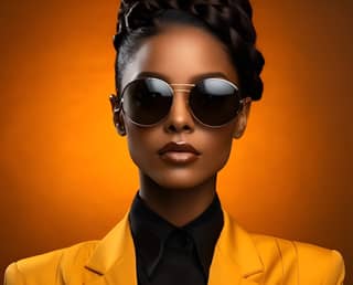 an African black female model in an amazing business suit professional Studio lighting with natural colors Plain colored