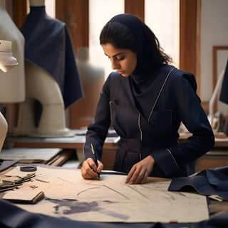 Une architecte iranienne concevant une veste et un pantalon d'affaires dans une robe bleue travaillant sur une machine à coudre.