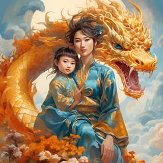 Un enfant est assis sur un dragon coloré tandis qu'un adulte et un bébé portent des costumes traditionnels chinois dans une joyeuse célébration de la nature.