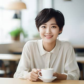 asian sitting in front of round cafe table short hair holding a cup of coffee sweet smile white shirts in the sunny bright