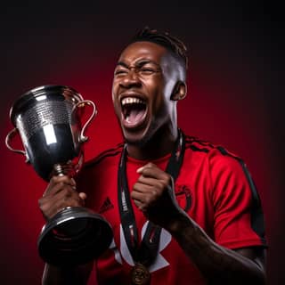 a black man in a red and black football jersey rejoices at the victory and holds the cup in front of him and looks slightly