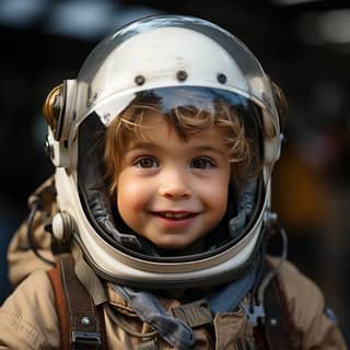 boy dressed as an astronaut his gaze directed to the left with a bright happy expression on his face This scene is ideally