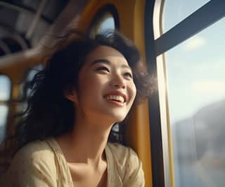 Ein chinesisches Mädchen mit lockigem Haar schließt die Augen und lächelt, während sie im Sommer in einer Seilbahn von Touristen umgeben ein Eis hält.