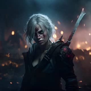 Uma bruxa fica diante de uma lua cheia com Ciri como a nova lich king, seus olhos brilhando de verde e uma cicatriz roxa em seu rosto.