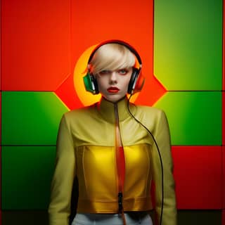 close-up of a blond girl's beautiful light-green regard with dj headphones in the style of bold color blocks space age dark