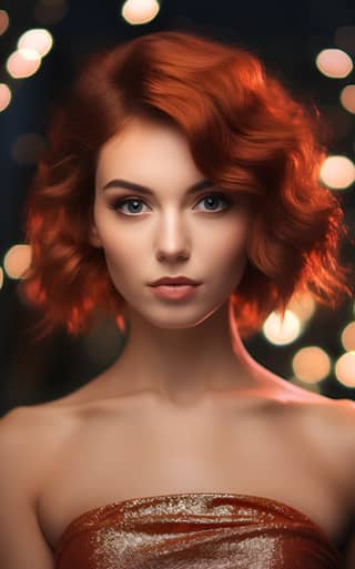 create a christmas ptotoshoot with a slim model wearing shiny fashionable outfit with short dark-ginger hair till shoulders