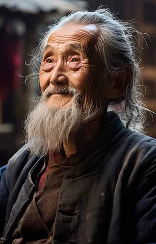 Un abuelo digno y amable con una larga barba sentado en una silla en China.