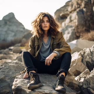 a female sitting on big rocks she has loose hair she wears a jacket and jeans her legs are crossed