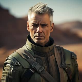 futuristic military officer in his 50s pale skin greying hair green body-armour desert environment