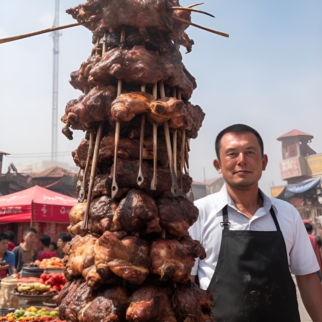 grilled Meat lamb in a stick gigantic scale as big as a tall temple in the sky imaginable Uyghur chef 0