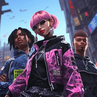 Un gruppo di giovani cool in stile cyberpunk in un annuncio per un marchio di abbigliamento da strada in una città del futuro luminosa.