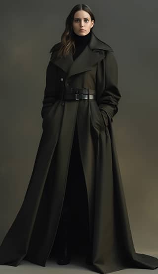 https://s mj run/GMnQG9NiM7w woman full figure with long military coat long black dress underneath hyper-realistic studio