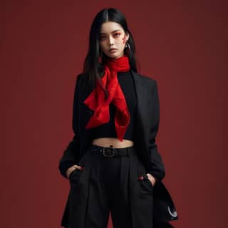 https://s mj run/Gni7sNYdeVY Product Photography A model wearing a Black suit and pants paired with scarves in the same