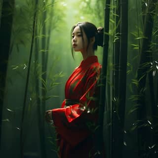 Una ragazza cinese di 12 anni indossa un semplice ma elegante abito Hanfu rosso, in una foresta di bamboo stampata con un motivo di drago.