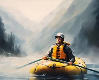 Gros plan d'un homme faisant du rafting dans les montagnes dans un bateau jaune portant un casque et un gilet de sauvetage.