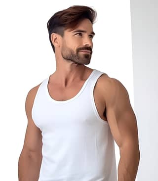 https://s mj run/TEi9VRYIReU white skin man wearing white Twist Seam Tank Top looking side fashion style photography