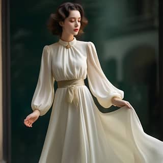 https://s mj run/V9-hgSrFej0 white chiffon long sleeve dress in the style of academic classicism light white and light gold