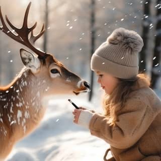 https://s mj run/YJ2lWaHm6cg a child girl hugging a reindeer draws spots on Neo's side in a winter snow-covered forest a