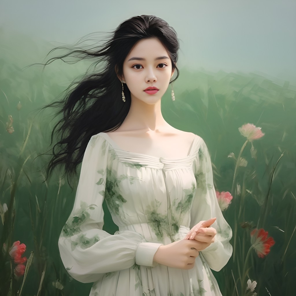 https://s mj run/g5PRMFWApP8 standing in the green grass height 168 long hair elegant graceful figure like fairy sister Liu