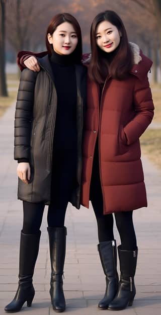 Deux jeunes femmes chinoises de 30 ans, au physique fier et aux visages jolis, portant des doudounes rouges vin, des leggings noirs et des bottes jusqu'aux genoux, se tiennent dans le parc et prennent des photos de scènes réelles et réalistes avec des expressions faciales naturelles et des sourires doux.