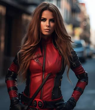 lady deadpool with beautiful long hair standing on the street lady deadpool centered cinematic