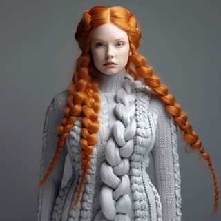 with long orange hair in a ponytail wearing an extravagant and avantgard knitwear dress made of big white wool chubby cables