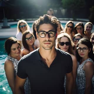 man with short dark hair and glasses at a pool party surrounded by female groupies photography