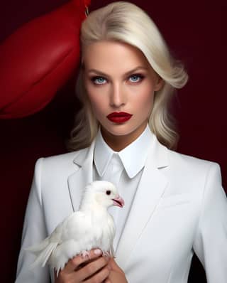 model elizabeth ross blond looks in camera in a white suit with a dove perched on top of her head in the style of