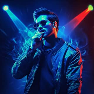 neon dark blue black theme vibe, in sunglasses and a jacket is holding a microphone