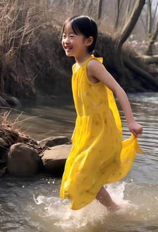 on a sunny winter day and innocent 8-year-old chinese girl is splashing in a stream wearing a yellow dress and a bright