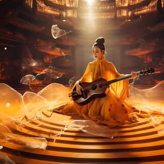 perspective view Stage performance playing the Chinese lute with cool futuristic effects can visualize musical notes