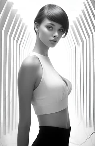 photorealistic black and white photography editorial style white walls brunette model highly detailed stunning skin texture