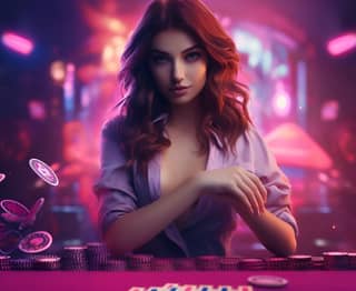 professional studio portrait girl in luxury dress is holding poker casino coins pink neon colors background