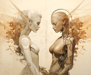 a scientific illustration with beige unified background and a representation of an angelic being joining with a cyborg being