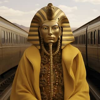 sphinx as a train surreal Sacha Goldberger, dressed as a pharaoh sits on a train