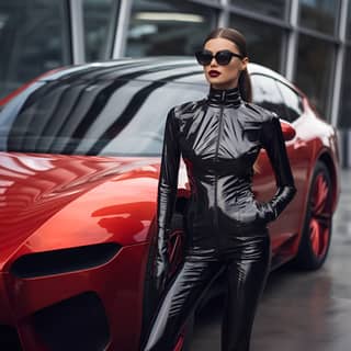 supermodel in latex in front of supercar, fashion model in black leather suit and sunglasses posing near a red sports car