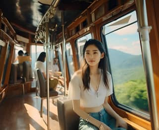 Uma garota chinesa, de 18 anos, usando uma camiseta e segurando um mini ventilador elétrico, está andando de teleférico com alguns turistas atrás dela.